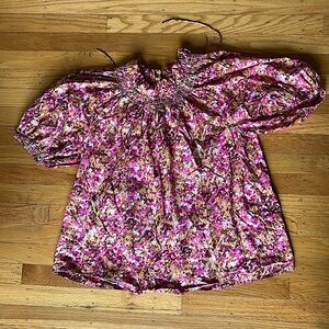 J.Crew Abstract Pink Floral Cotton Puff Sleeve Blouse